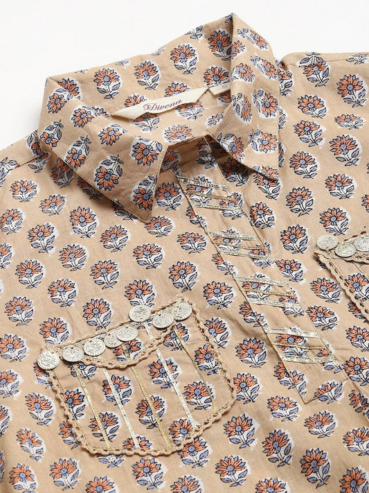 Beige Cotton Shirt Style Kurta Hem Cuffed Pant Co-Ord Set | LASVINI - Redefining Indian Fashion with Elegance