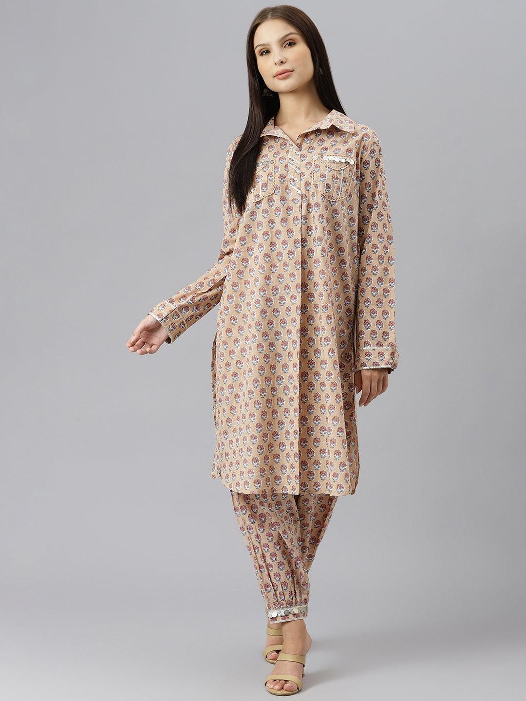 Beige Cotton Shirt Style Kurta Hem Cuffed Pant Co-Ord Set | LASVINI - Redefining Indian Fashion with Elegance