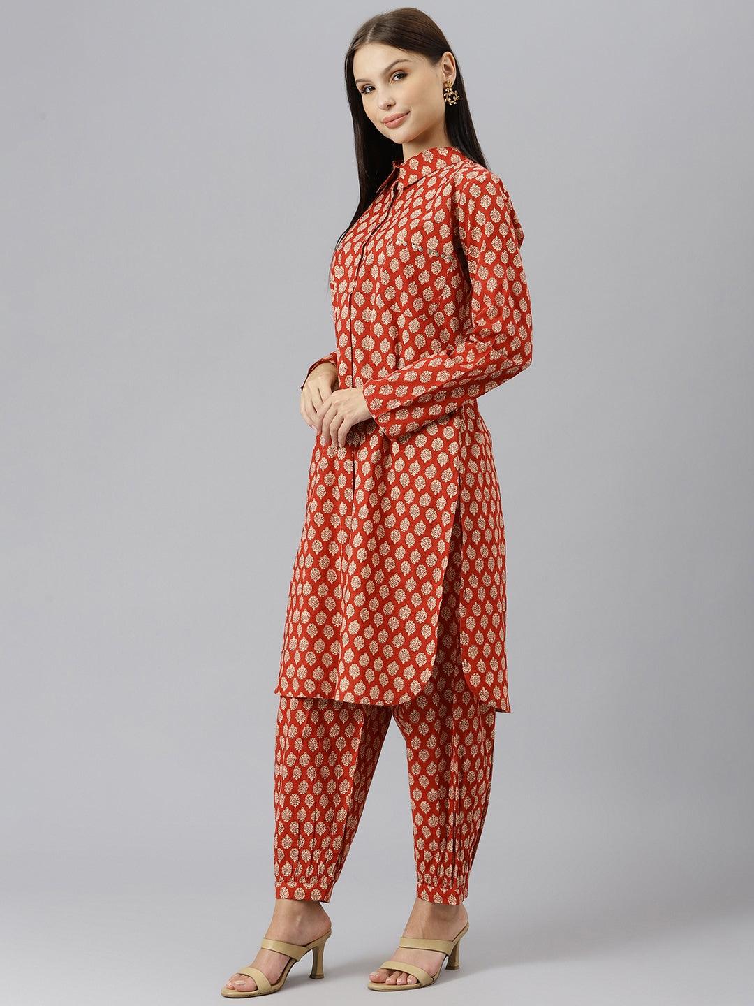 Maroon Cotton Shirt Style Kurta Hem Cuffed Pant Co-Ord Set | LASVINI - Redefining Indian Fashion with Elegance
