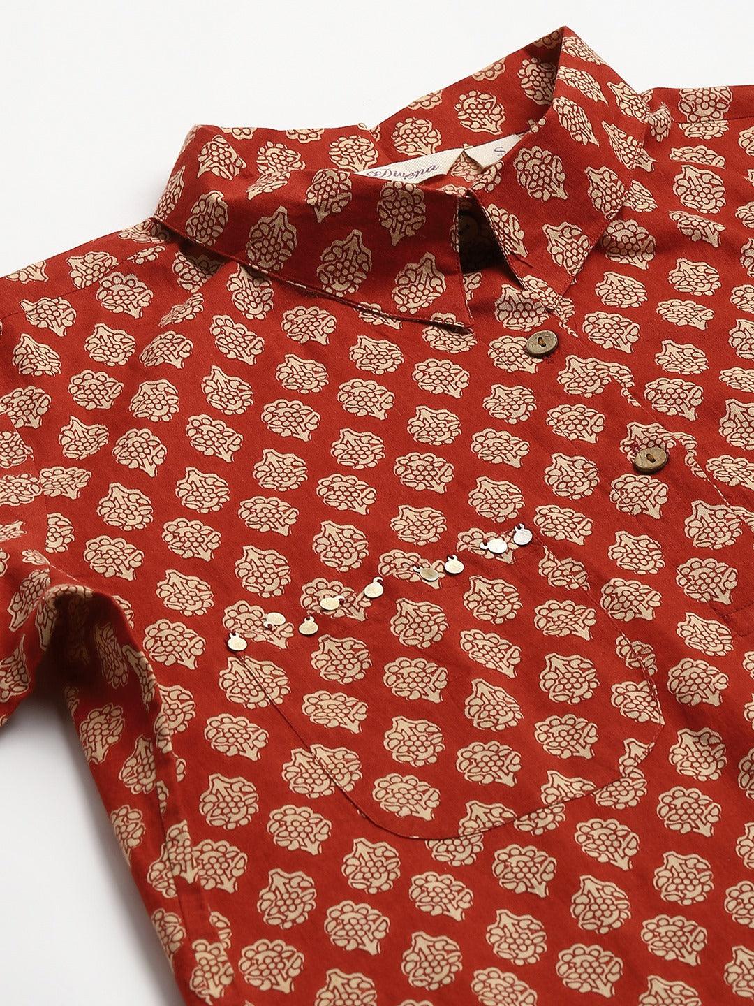 Maroon Cotton Shirt Style Kurta Hem Cuffed Pant Co-Ord Set | LASVINI - Redefining Indian Fashion with Elegance