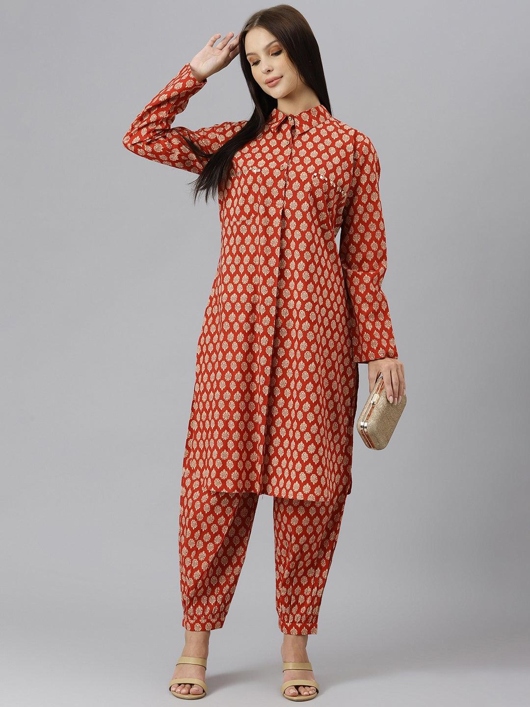 Maroon Cotton Shirt Style Kurta Hem Cuffed Pant Co-Ord Set | LASVINI - Redefining Indian Fashion with Elegance