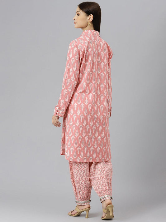 Pink Cotton Shirt Style Kurta Hem Cuffed Pant Co-Ord Set | LASVINI - Redefining Indian Fashion with Elegance