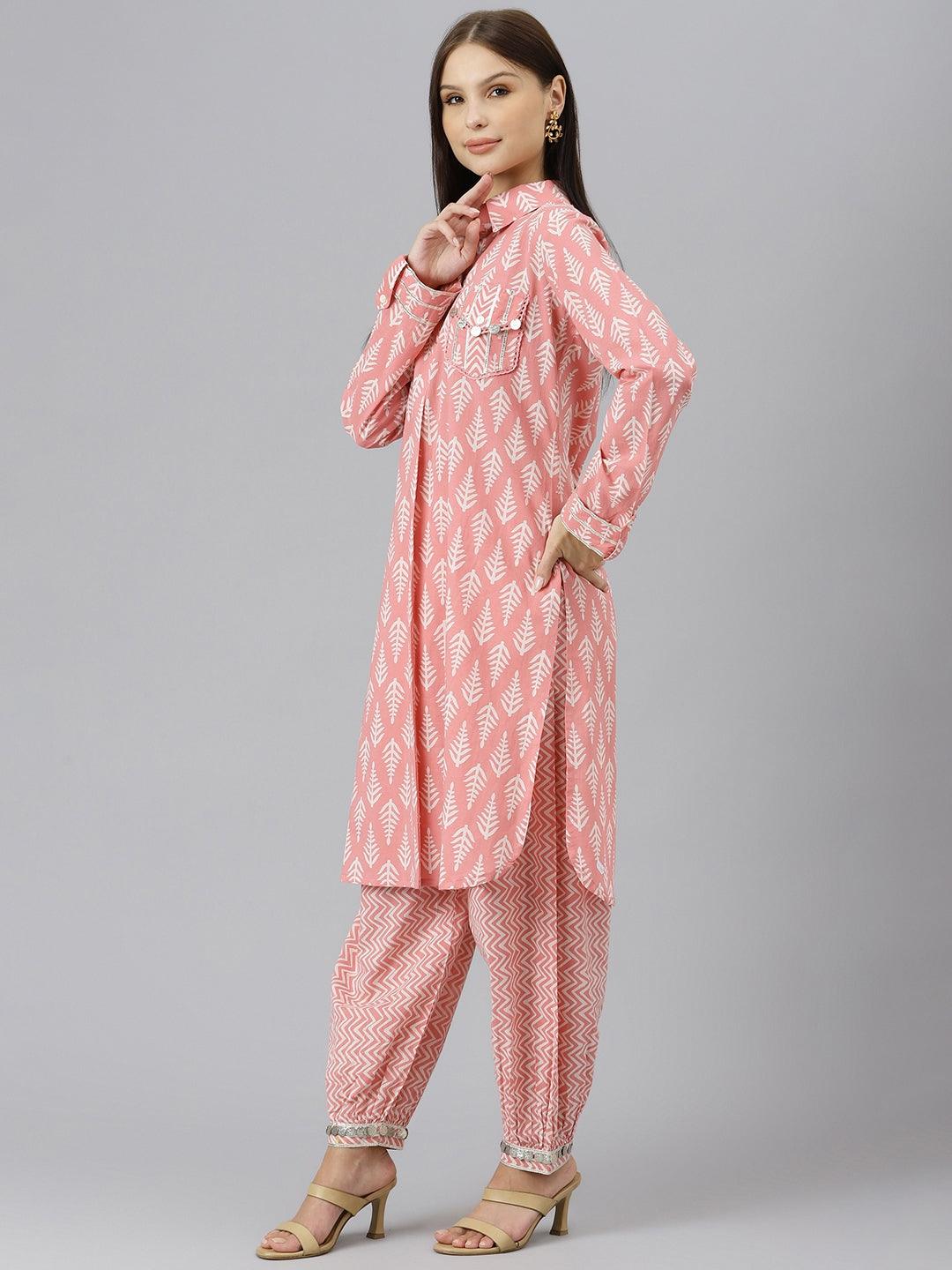 Pink Cotton Shirt Style Kurta Hem Cuffed Pant Co-Ord Set | LASVINI - Redefining Indian Fashion with Elegance