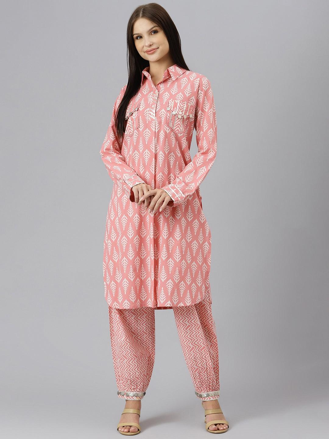 Pink Cotton Shirt Style Kurta Hem Cuffed Pant Co-Ord Set | LASVINI - Redefining Indian Fashion with Elegance