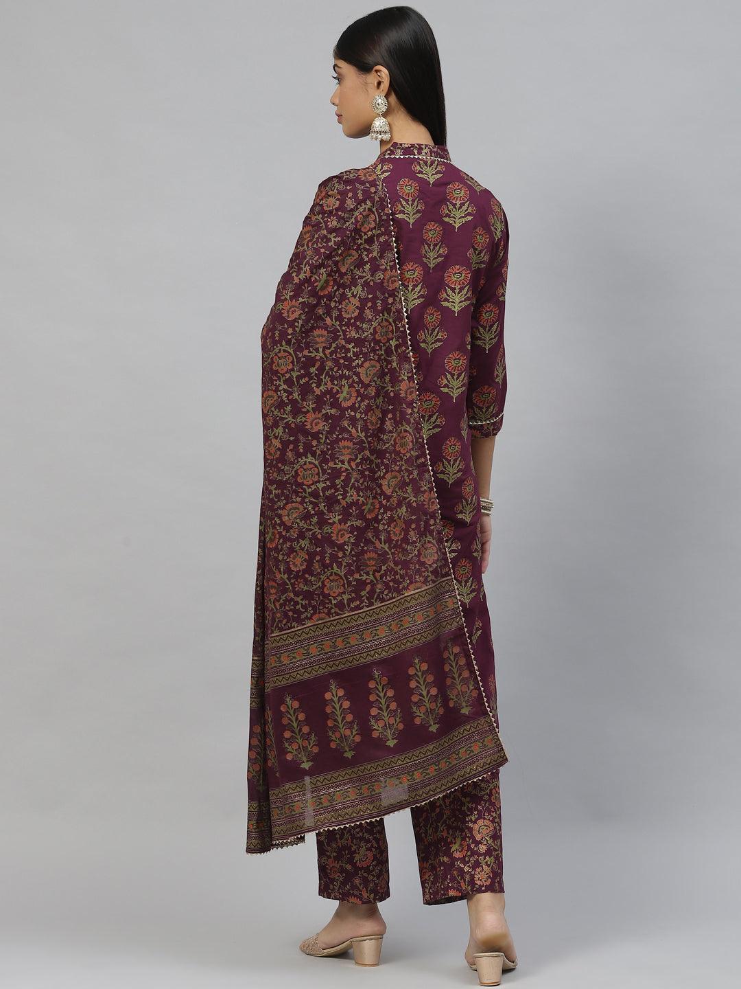 Purple Cotton Straight Kurta Pant Set With Dupatta | LASVINI - Redefining Indian Fashion with Elegance