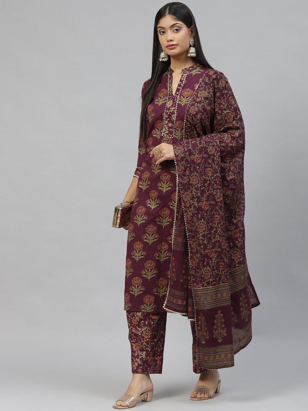 Purple Cotton Straight Kurta Pant Set With Dupatta | LASVINI - Redefining Indian Fashion with Elegance