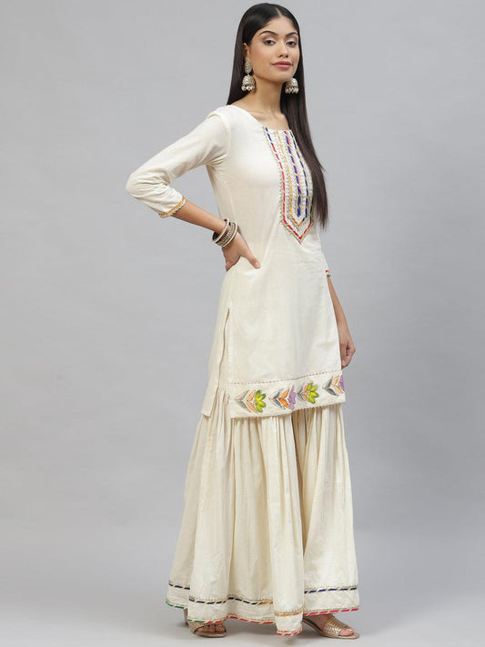 Cream Solid Kurta Sharara Set With Hand Painted Dupatta | LASVINI - Redefining Indian Fashion with Elegance