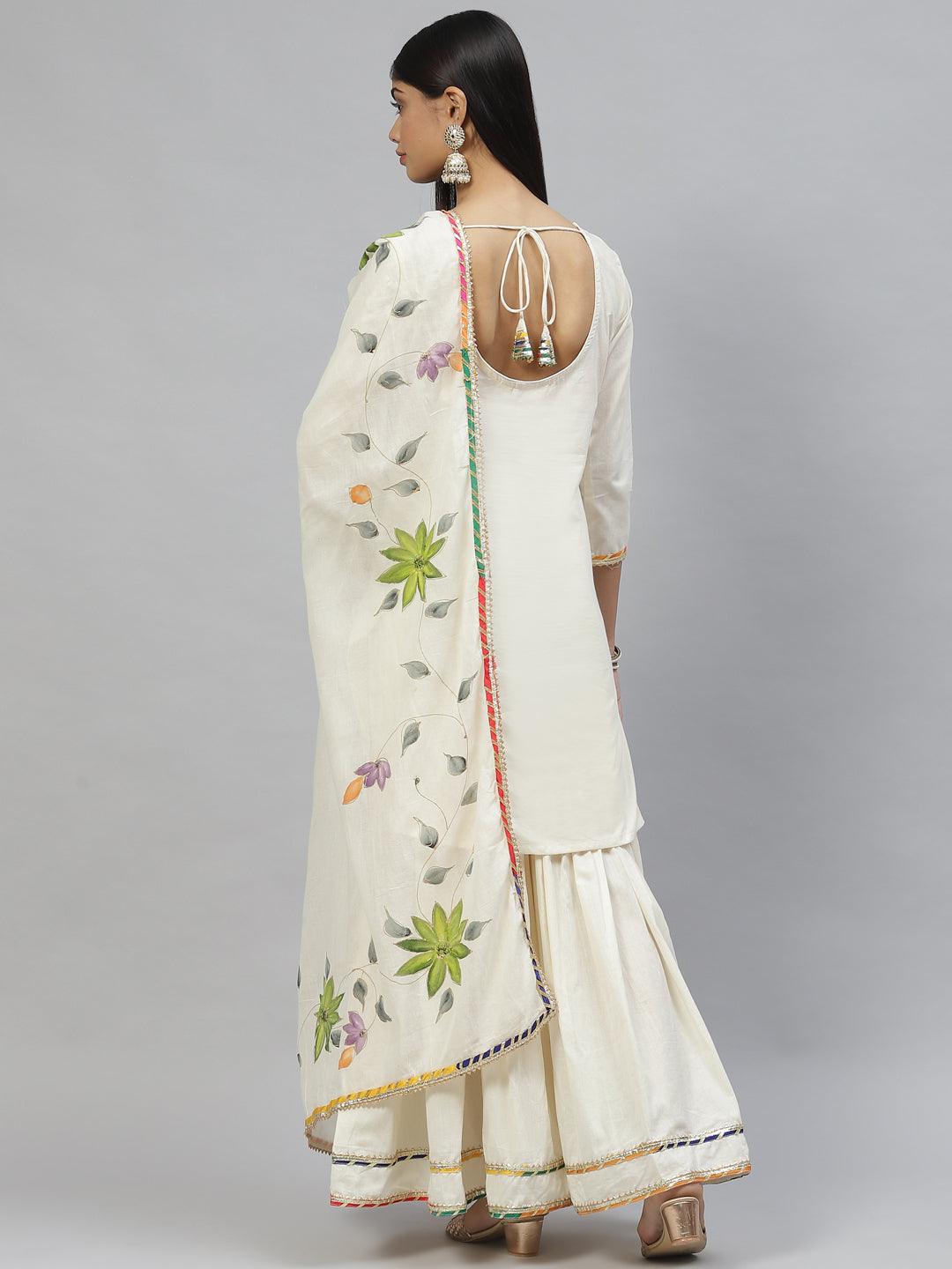 Cream Solid Kurta Sharara Set With Hand Painted Dupatta | LASVINI - Redefining Indian Fashion with Elegance