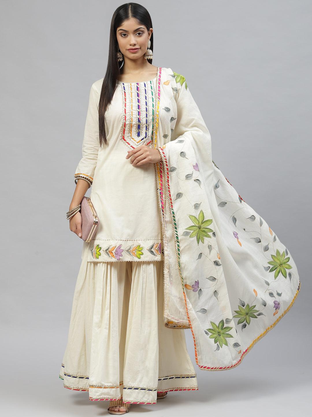 Cream Solid Kurta Sharara Set With Hand Painted Dupatta | LASVINI - Redefining Indian Fashion with Elegance