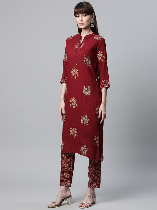 Maroon Rayon Kurta Pant Set With Kota Doria Dupatta | LASVINI - Redefining Indian Fashion with Elegance