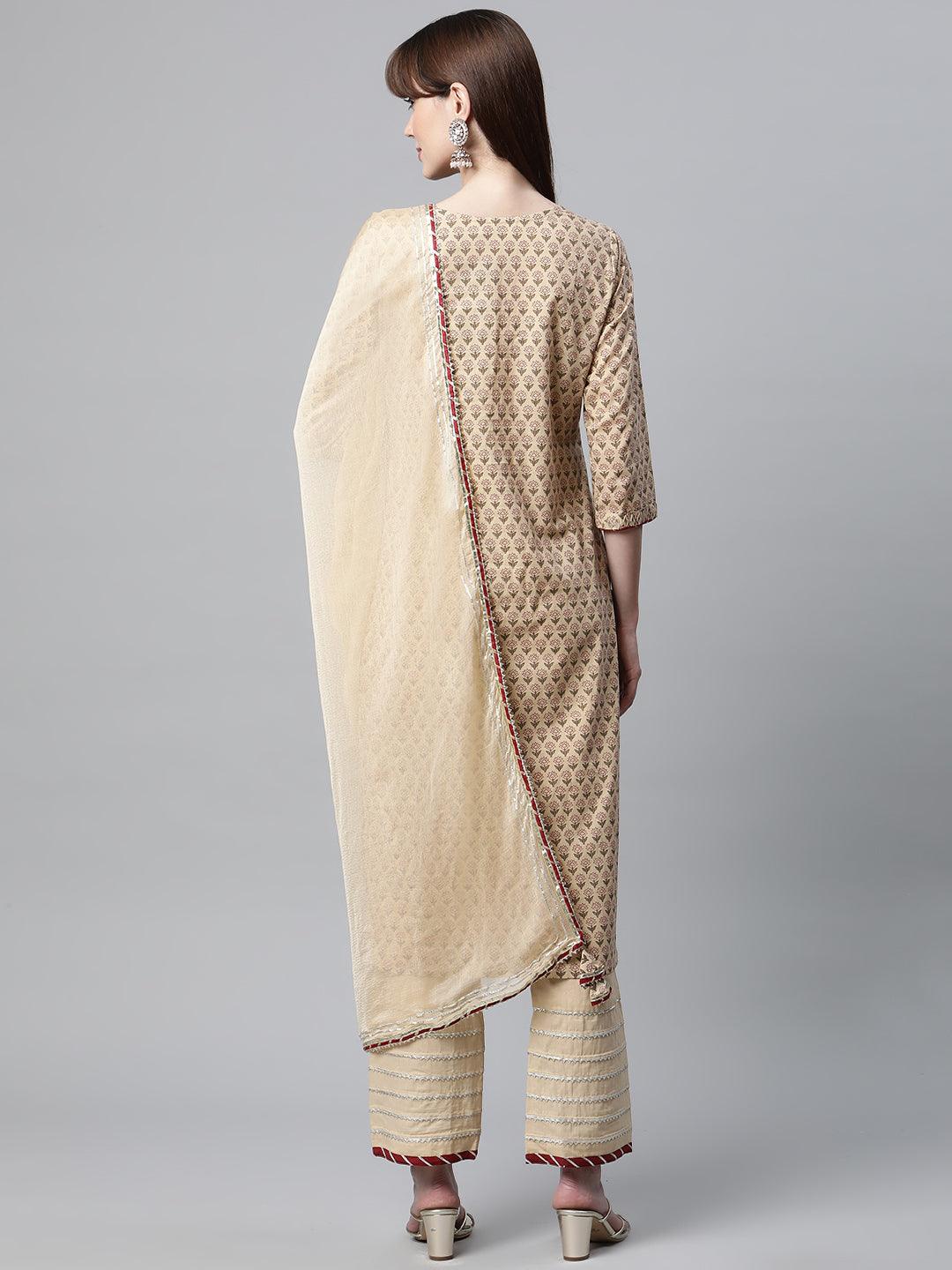 Beige Color Cotton Straight Kurta Pant Set With Dupatta | LASVINI - Redefining Indian Fashion with Elegance