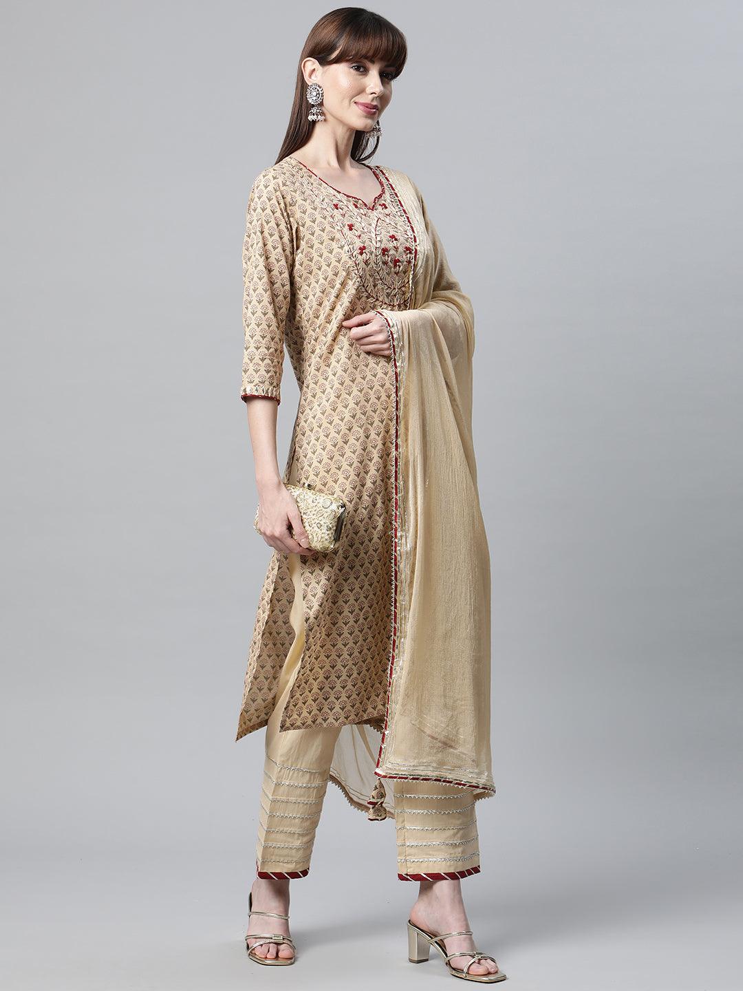 Beige Color Cotton Straight Kurta Pant Set With Dupatta | LASVINI - Redefining Indian Fashion with Elegance