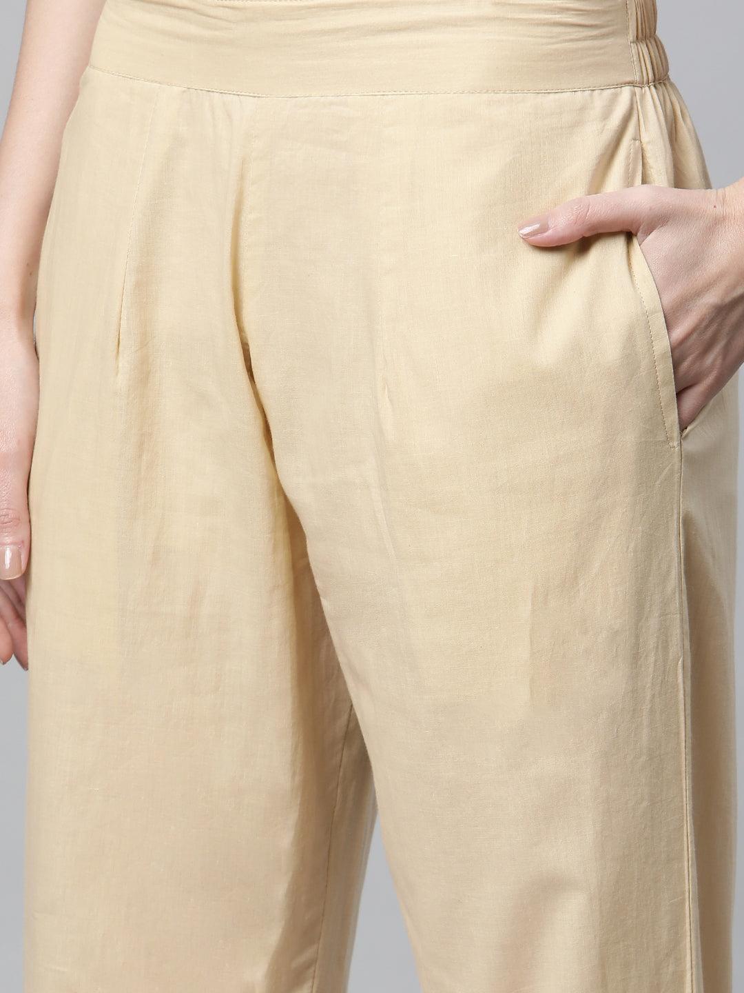 Beige Color Cotton Straight Kurta Pant Set With Dupatta | LASVINI - Redefining Indian Fashion with Elegance