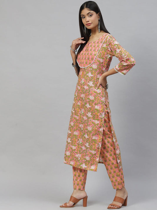 Pink Floral Cotton Kurta Pant Set | LASVINI - Redefining Indian Fashion with Elegance