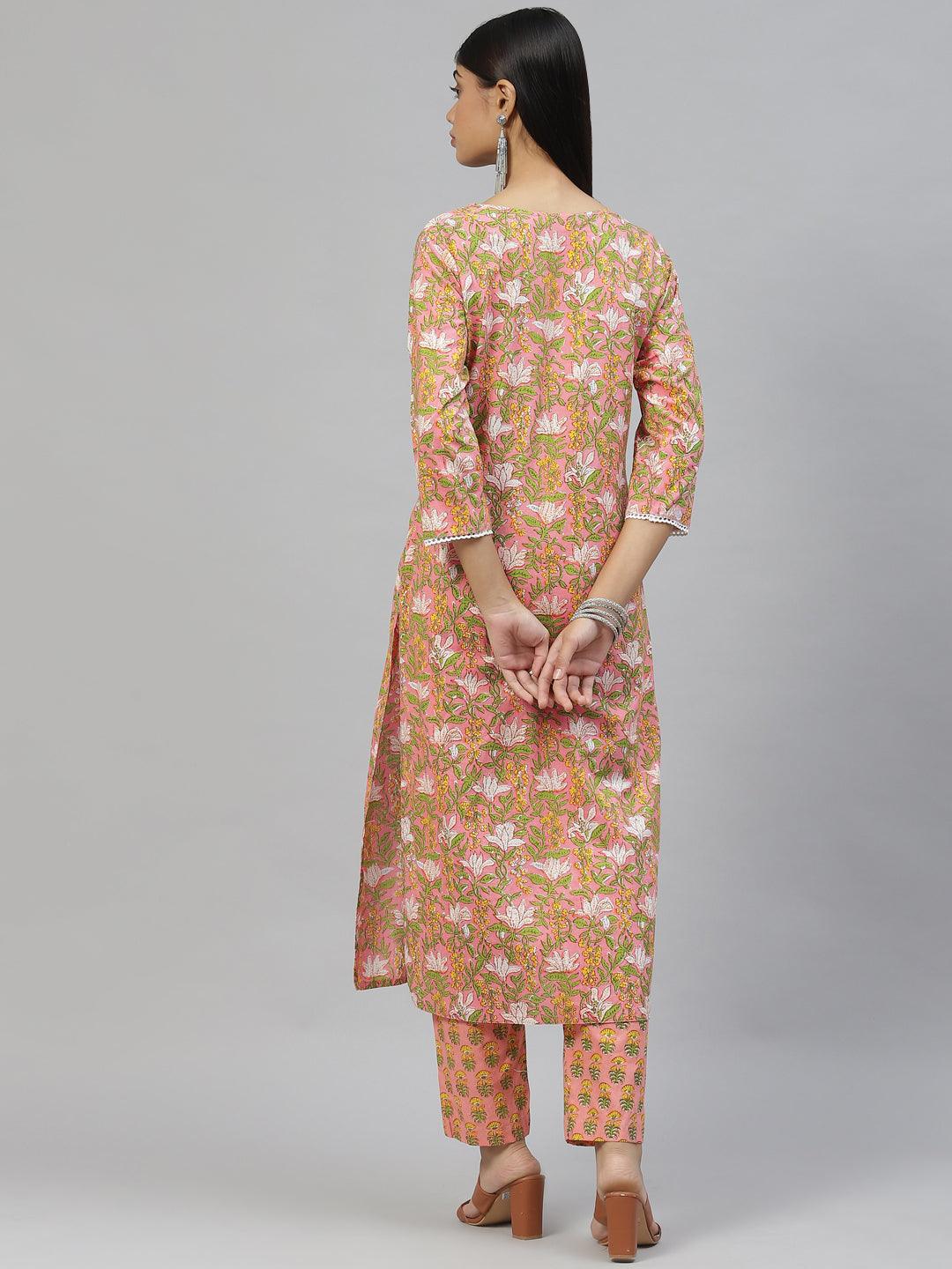 Pink Floral Cotton Kurta Pant Set | LASVINI - Redefining Indian Fashion with Elegance