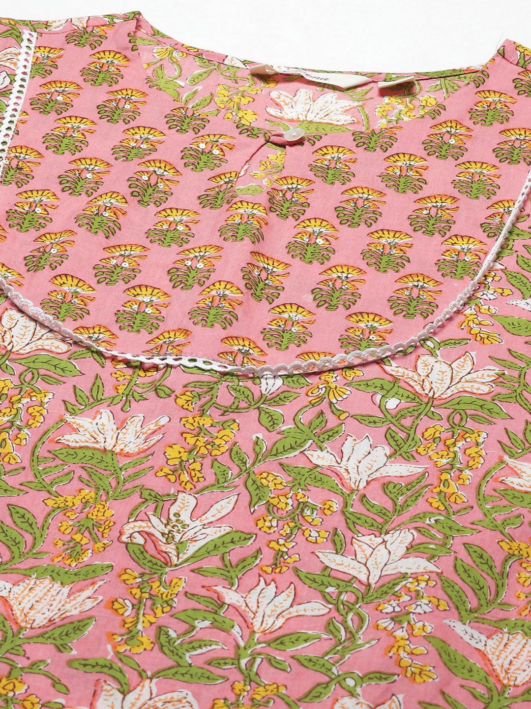 Pink Floral Cotton Kurta Pant Set | LASVINI - Redefining Indian Fashion with Elegance