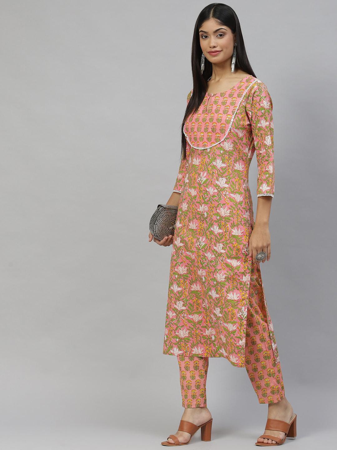 Pink Floral Cotton Kurta Pant Set | LASVINI - Redefining Indian Fashion with Elegance