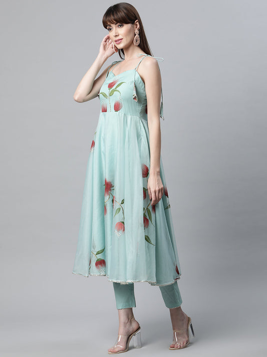 Women Sky Blue Hand Painted Floral Organza Anarkali Kurta Pant Set With Dupatta | LASVINI - Redefining Indian Fashion with Elegance