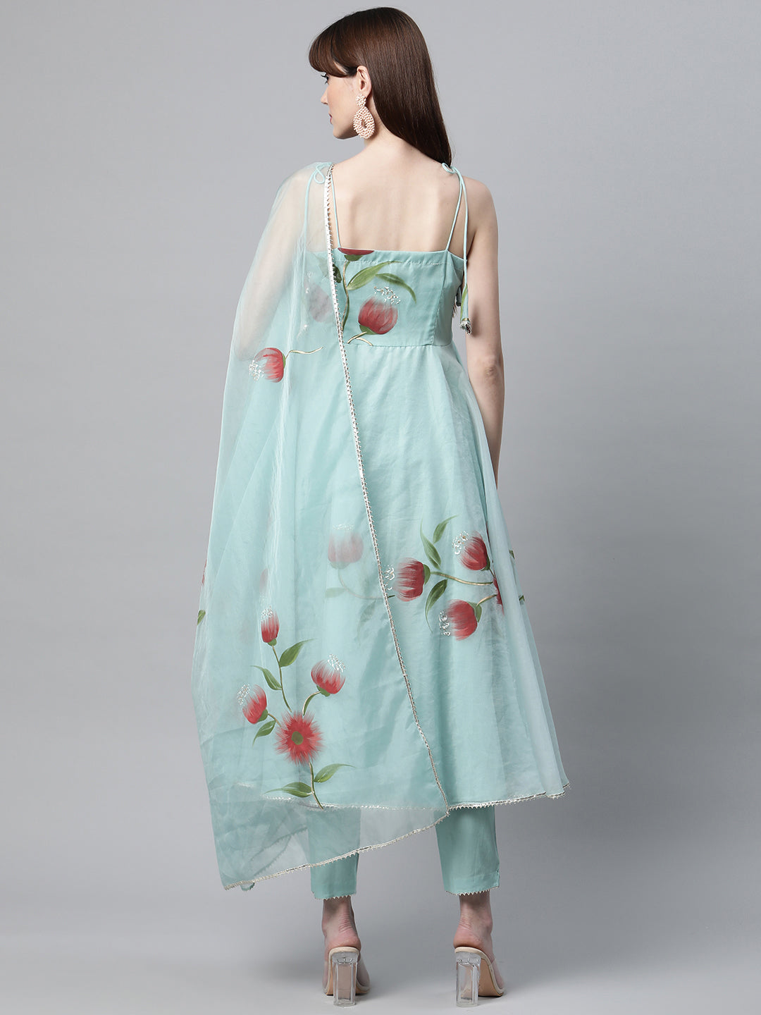 Women Sky Blue Hand Painted Floral Organza Anarkali Kurta Pant Set With Dupatta | LASVINI - Redefining Indian Fashion with Elegance