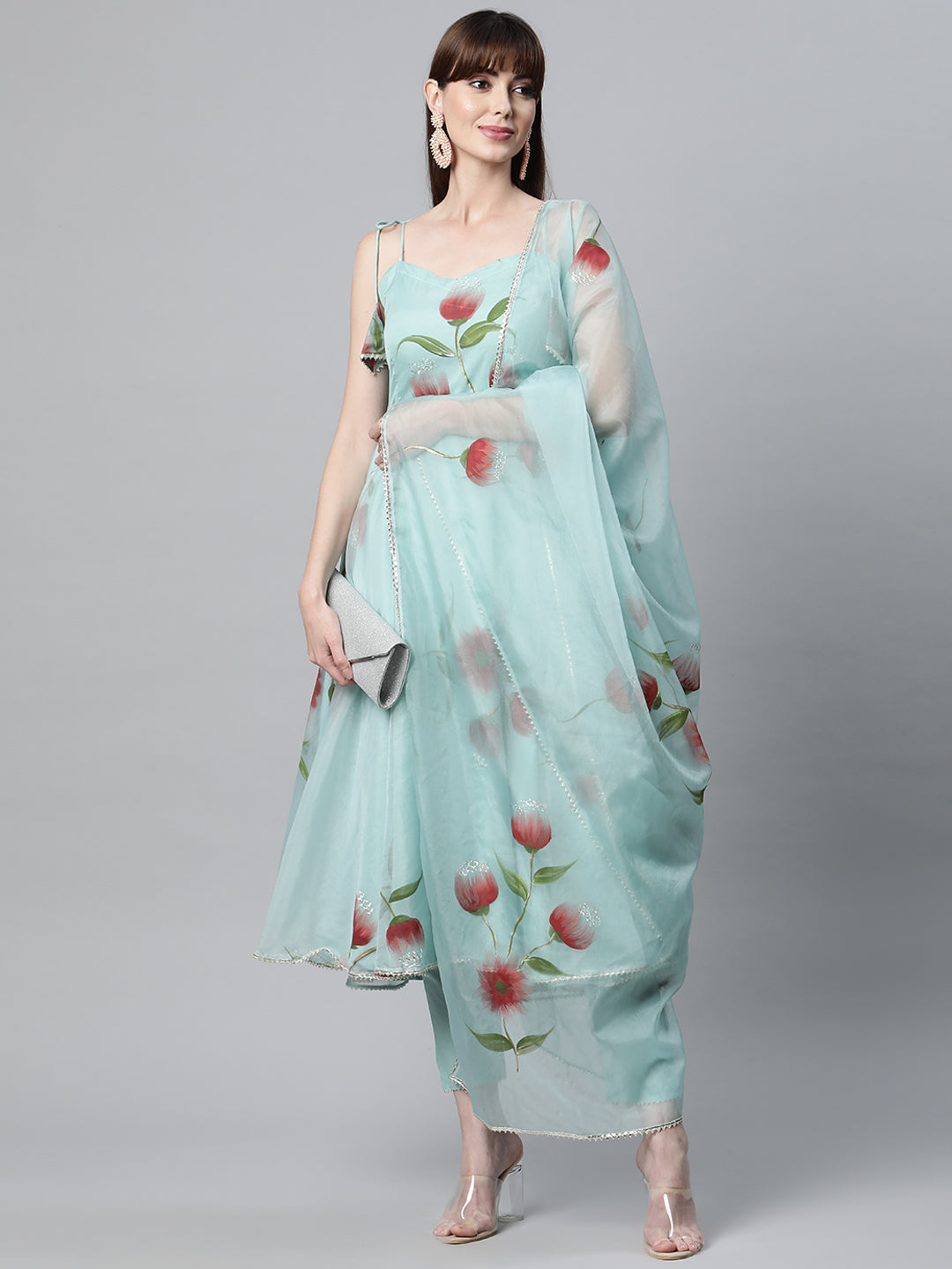 Women Sky Blue Hand Painted Floral Organza Anarkali Kurta Pant Set With Dupatta | LASVINI - Redefining Indian Fashion with Elegance