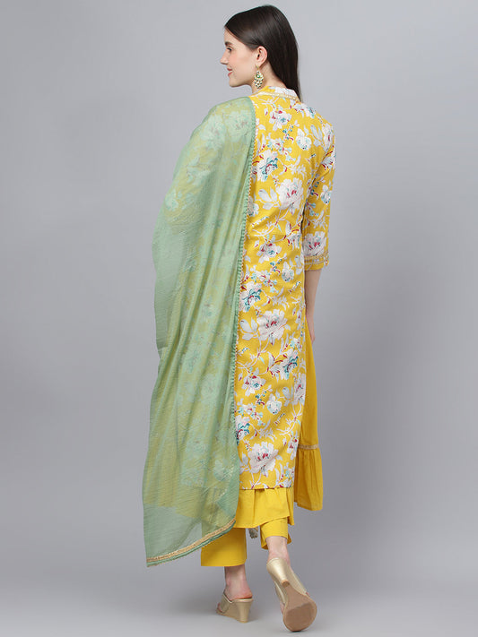Women Yellow Cotton Kurta Pant Set With Nazneen Dupatta | LASVINI - Redefining Indian Fashion with Elegance