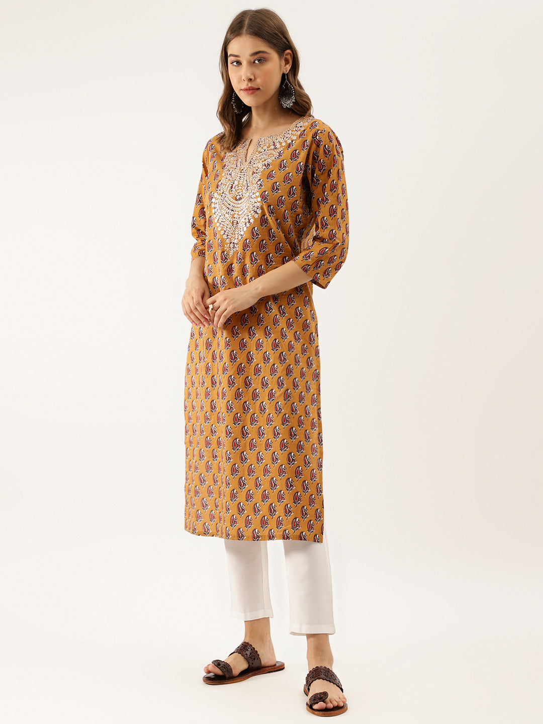 Women Brown Floral Printed Cotton Zari Work Kurta | LASVINI - Redefining Indian Fashion with Elegance