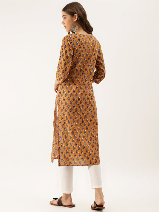 Women Brown Floral Printed Cotton Zari Work Kurta | LASVINI - Redefining Indian Fashion with Elegance
