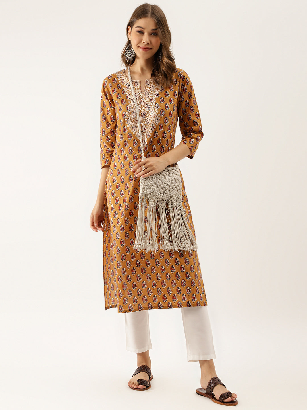 Women Brown Floral Printed Cotton Zari Work Kurta | LASVINI - Redefining Indian Fashion with Elegance