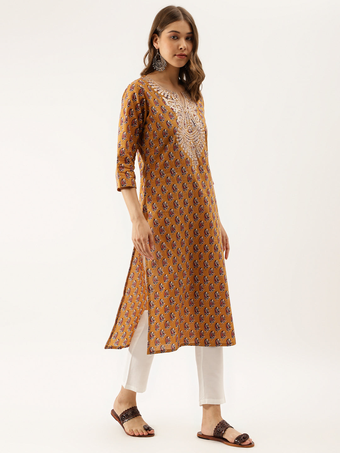 Women Brown Floral Printed Cotton Zari Work Kurta | LASVINI - Redefining Indian Fashion with Elegance