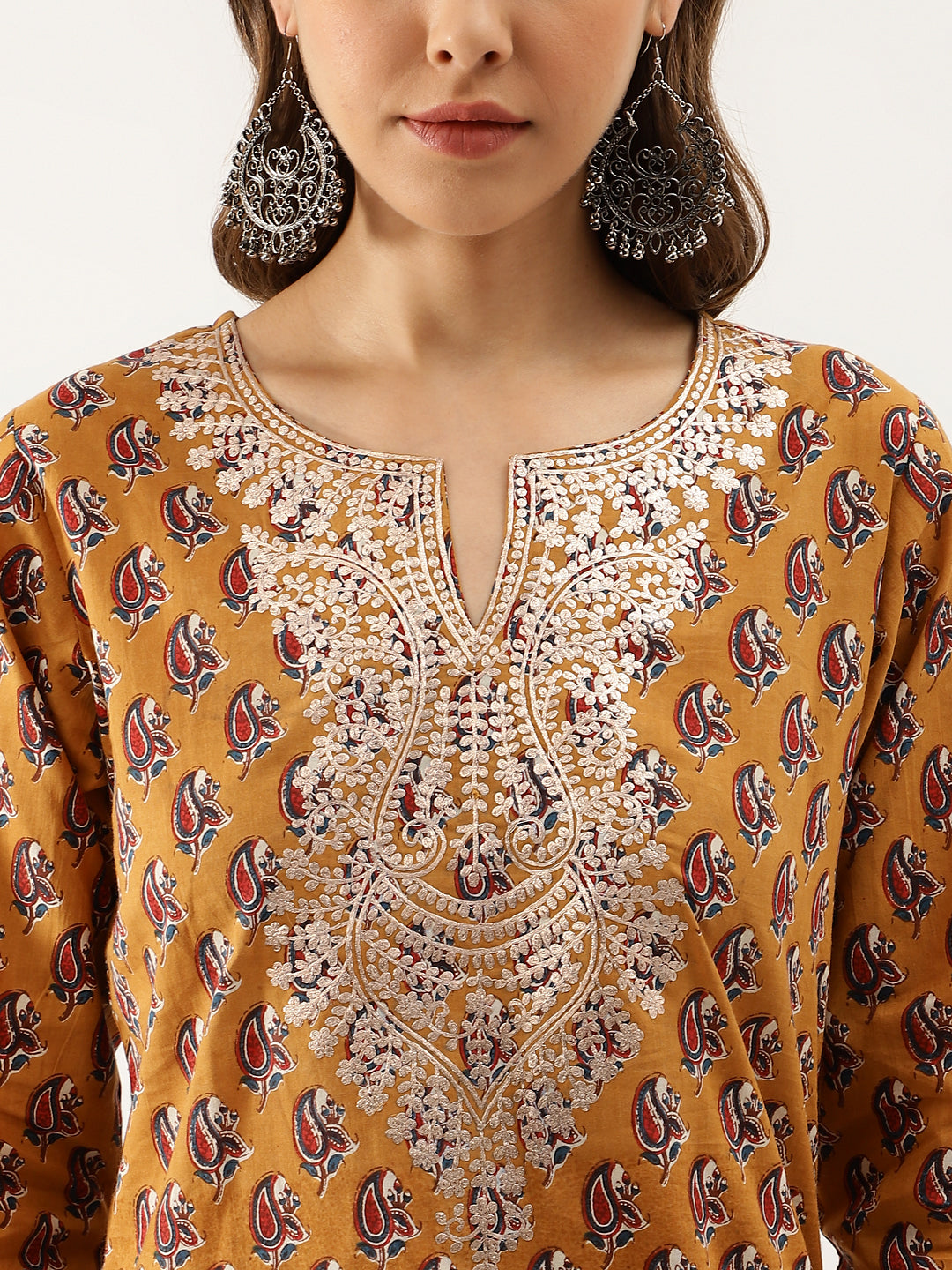 Women Brown Floral Printed Cotton Zari Work Kurta | LASVINI - Redefining Indian Fashion with Elegance