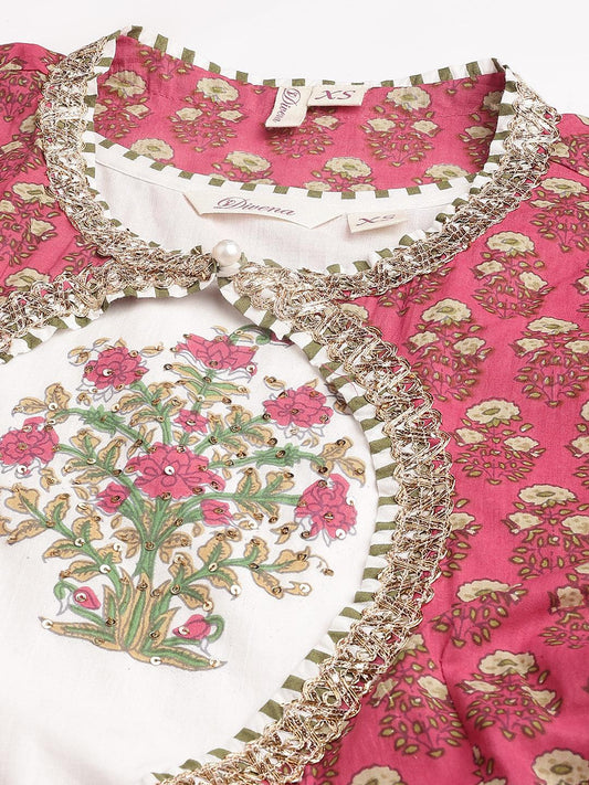 Dark Pink Floral Cotton Anarkali Kurta With Jacket | LASVINI - Redefining Indian Fashion with Elegance