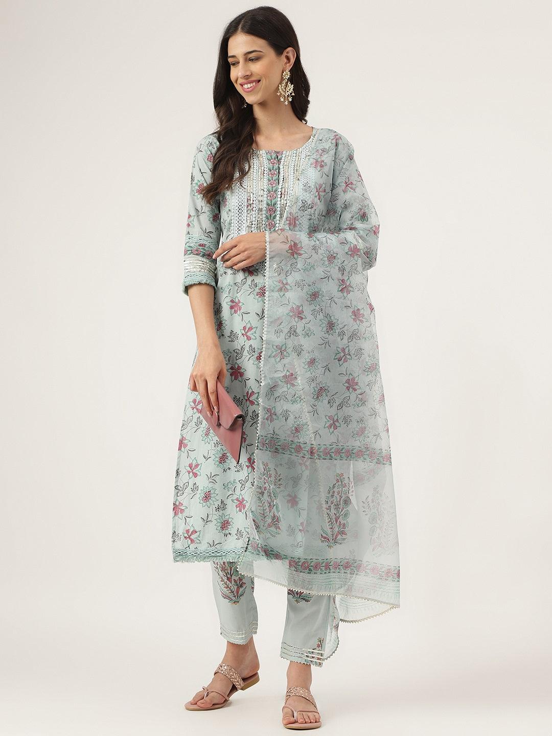 Skyblue Hand Block Cotton Straight Pant Set With Organza Dupatta | LASVINI - Redefining Indian Fashion with Elegance