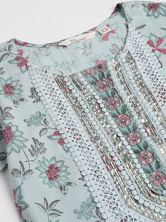 Skyblue Hand Block Cotton Straight Pant Set With Organza Dupatta | LASVINI - Redefining Indian Fashion with Elegance