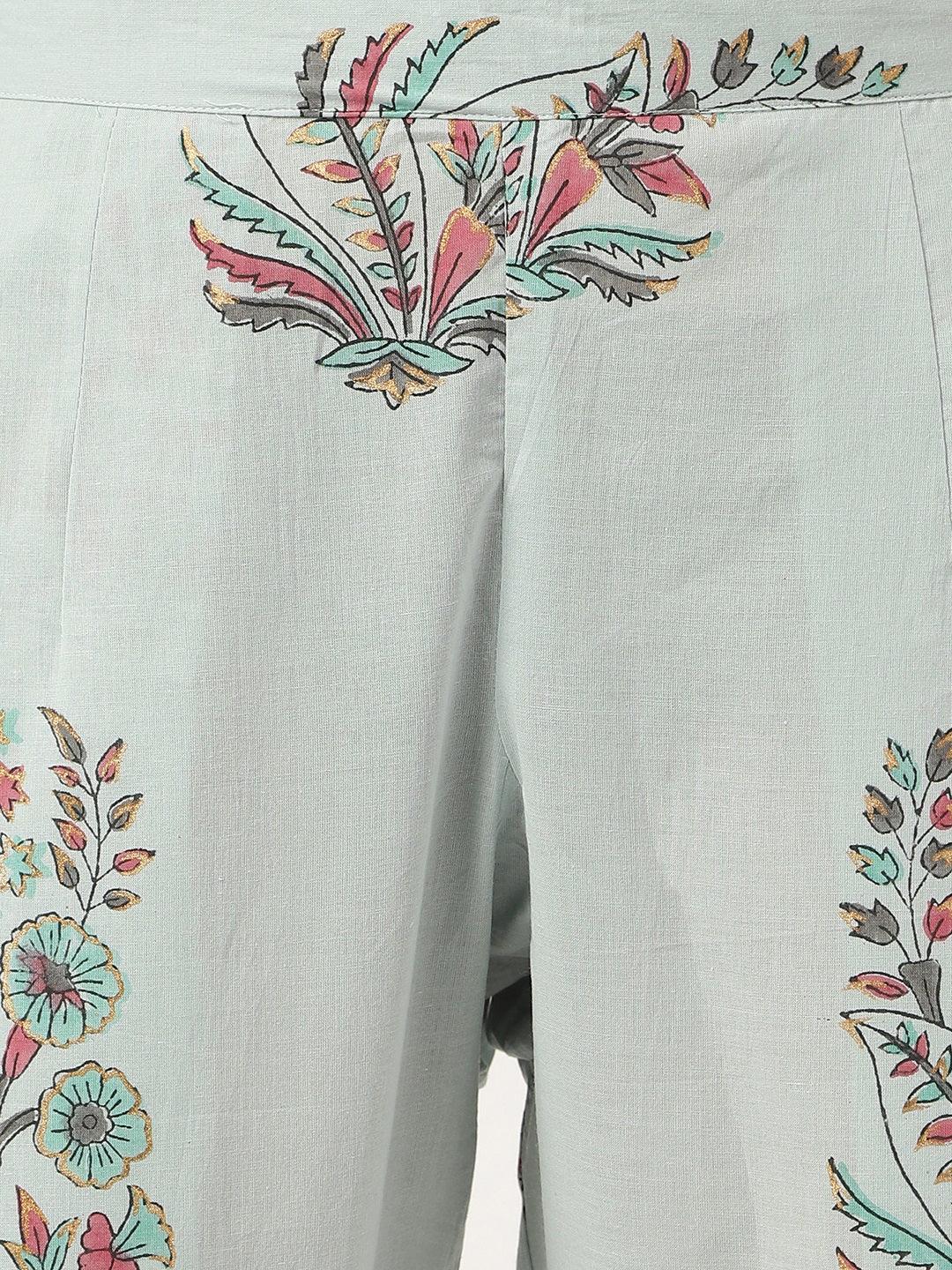 Skyblue Hand Block Cotton Straight Pant Set With Organza Dupatta | LASVINI - Redefining Indian Fashion with Elegance