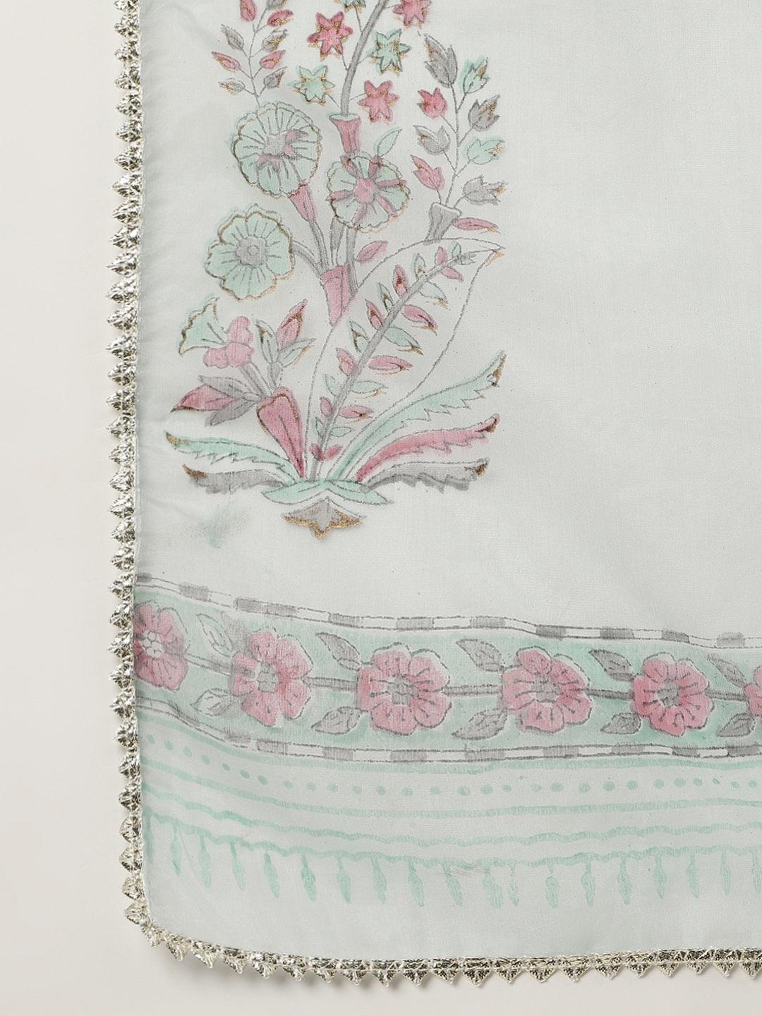 Skyblue Hand Block Cotton Straight Pant Set With Organza Dupatta | LASVINI - Redefining Indian Fashion with Elegance