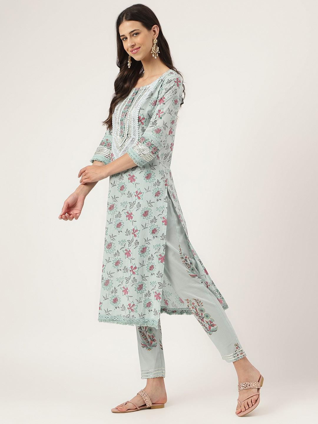 Skyblue Hand Block Cotton Straight Pant Set With Organza Dupatta | LASVINI - Redefining Indian Fashion with Elegance