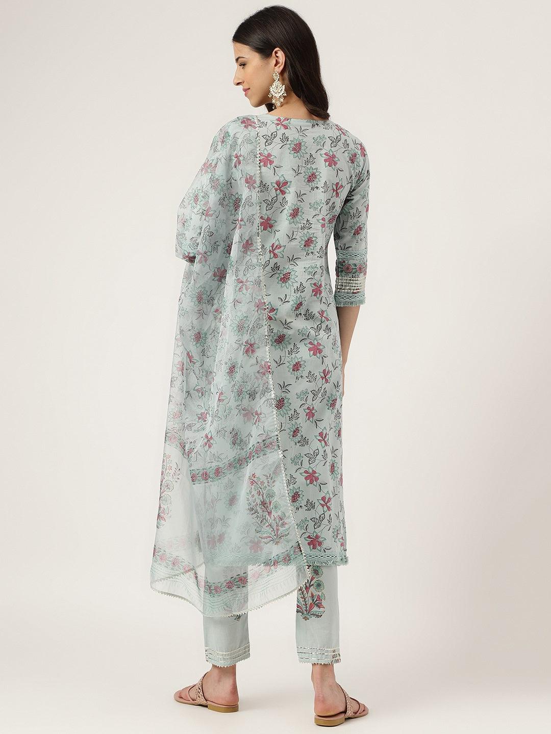 Skyblue Hand Block Cotton Straight Pant Set With Organza Dupatta | LASVINI - Redefining Indian Fashion with Elegance