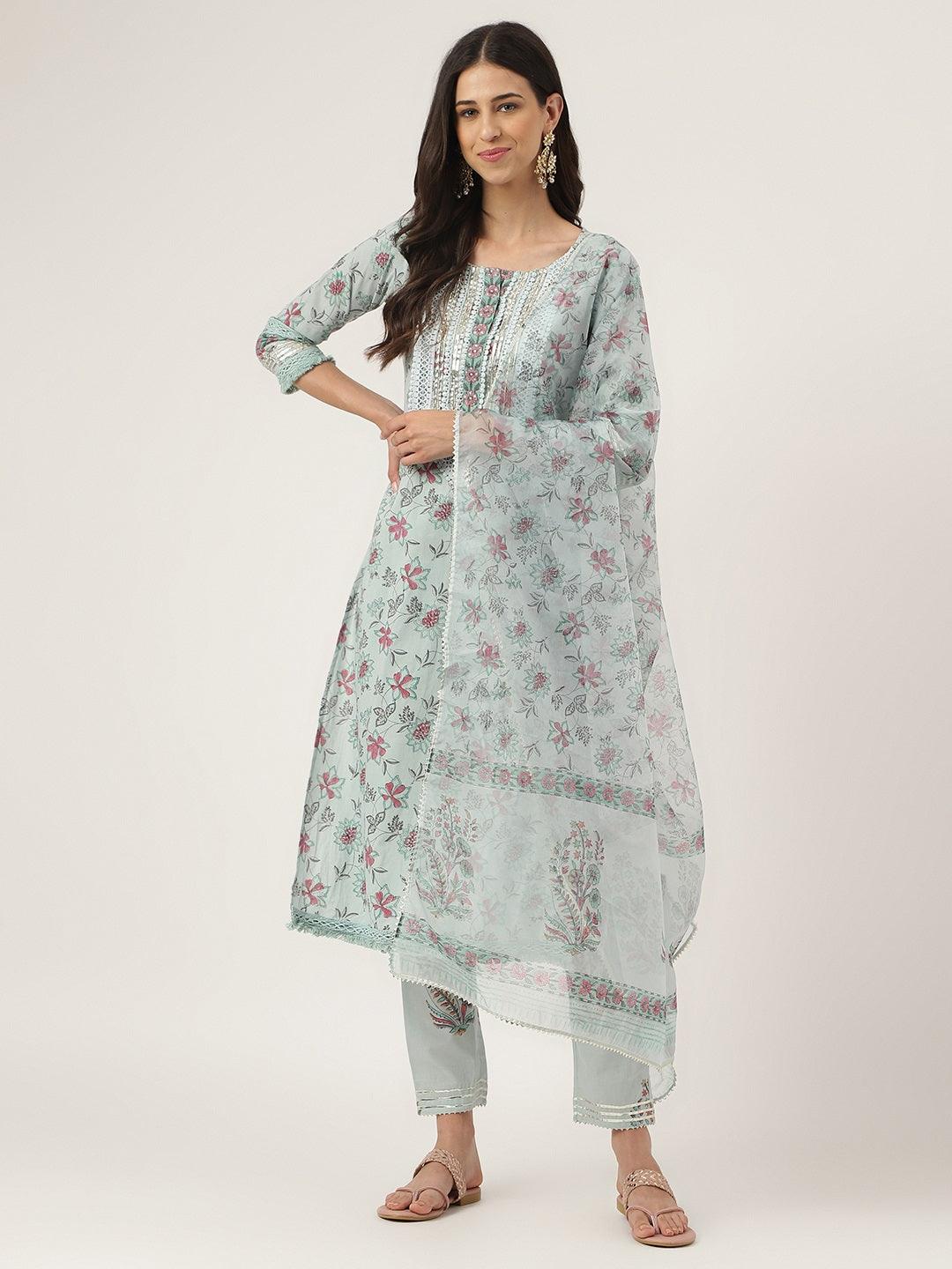 Skyblue Hand Block Cotton Straight Pant Set With Organza Dupatta | LASVINI - Redefining Indian Fashion with Elegance