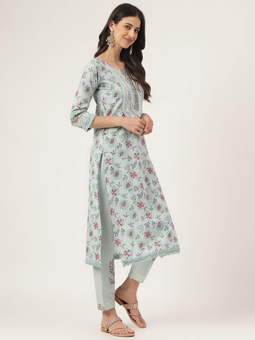 Skyblue Hand Block Cotton Straight Pant Set With Organza Dupatta | LASVINI - Redefining Indian Fashion with Elegance