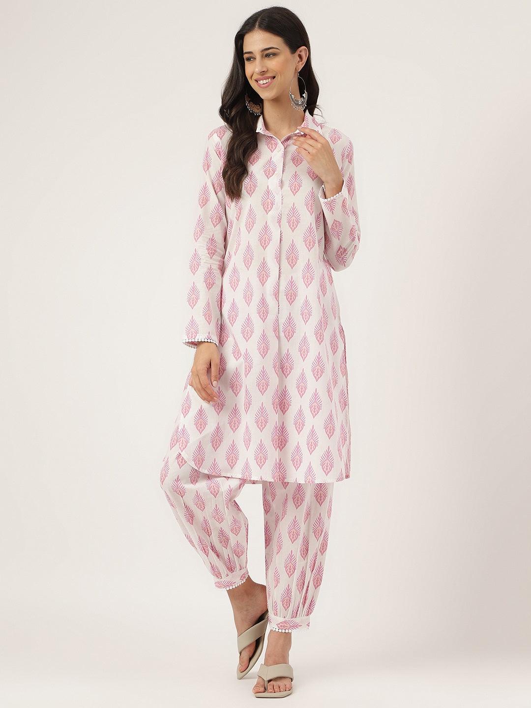 White Cotton Straight Kurta Hem Cuffed Pant Set | LASVINI - Redefining Indian Fashion with Elegance