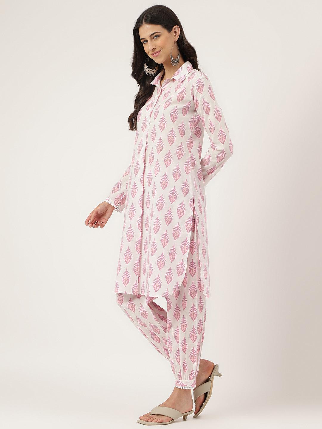 White Cotton Straight Kurta Hem Cuffed Pant Set | LASVINI - Redefining Indian Fashion with Elegance