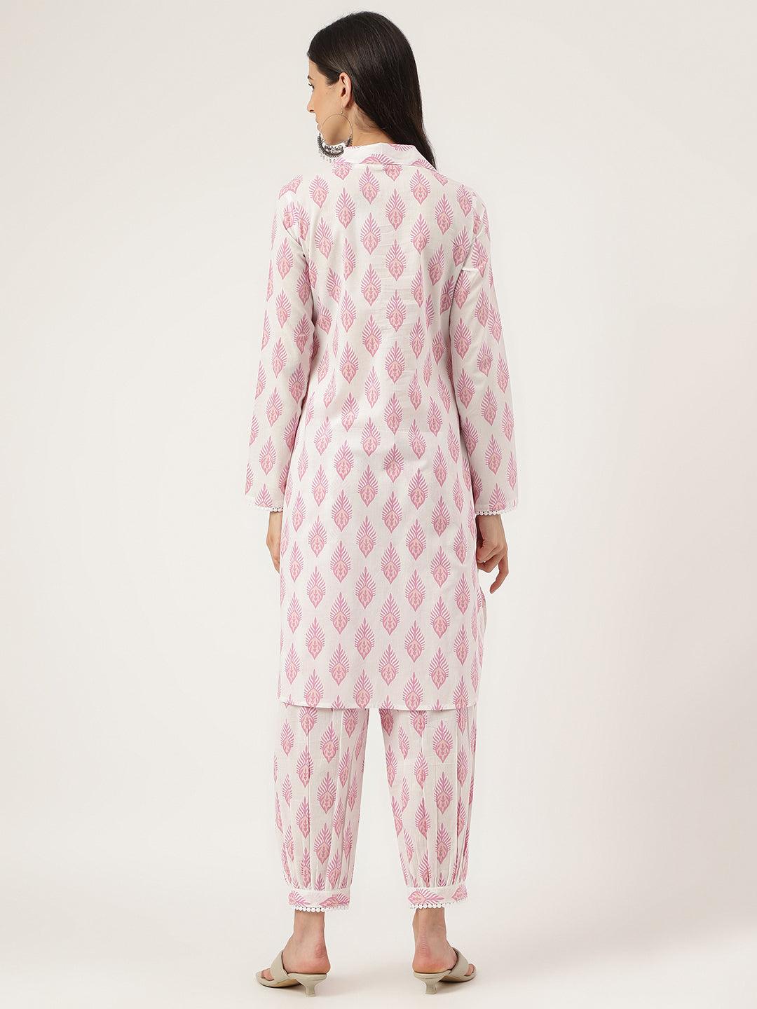 White Cotton Straight Kurta Hem Cuffed Pant Set | LASVINI - Redefining Indian Fashion with Elegance