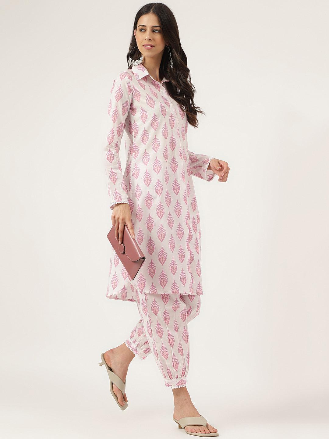 White Cotton Straight Kurta Hem Cuffed Pant Set | LASVINI - Redefining Indian Fashion with Elegance