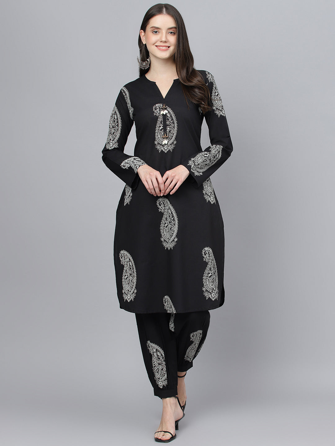 Women Black Cotton Straight Kurta Hem Cuffed Pant Set | LASVINI - Redefining Indian Fashion with Elegance