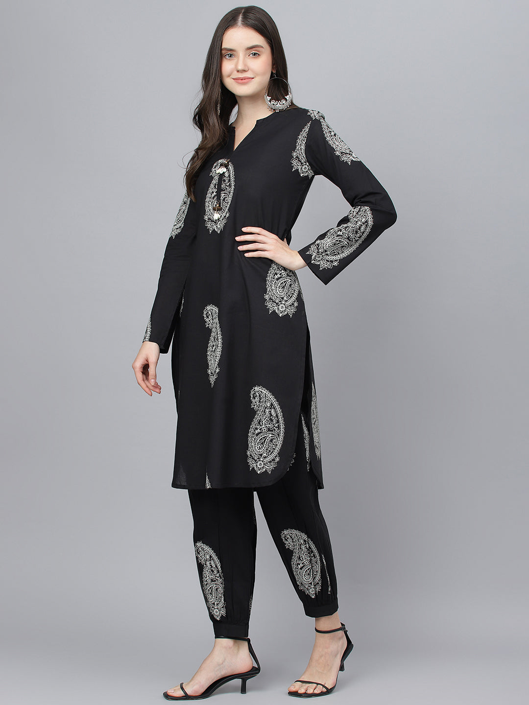 Women Black Cotton Straight Kurta Hem Cuffed Pant Set | LASVINI - Redefining Indian Fashion with Elegance
