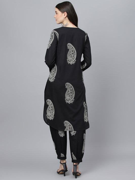 Women Black Cotton Straight Kurta Hem Cuffed Pant Set | LASVINI - Redefining Indian Fashion with Elegance