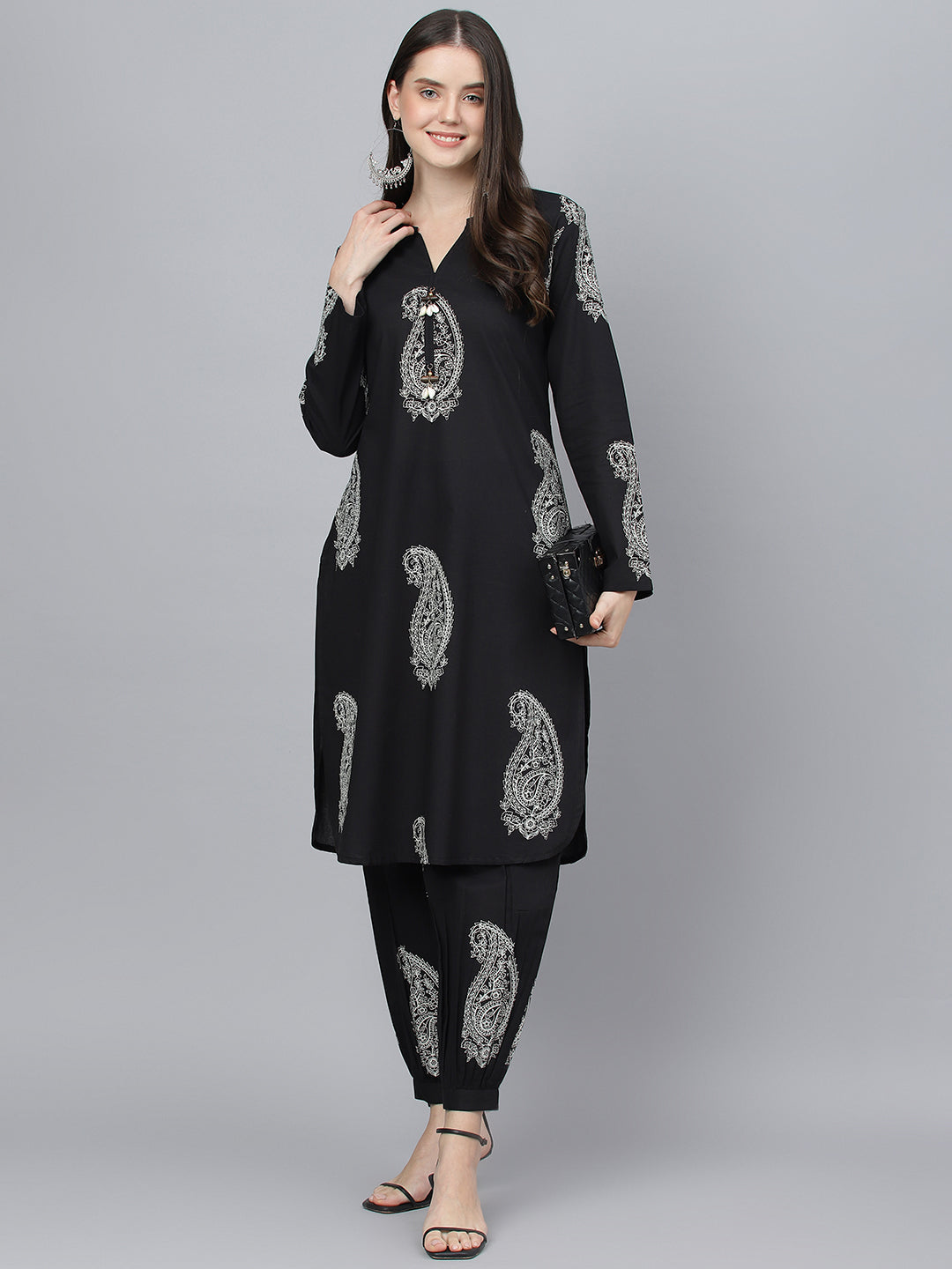 Women Black Cotton Straight Kurta Hem Cuffed Pant Set | LASVINI - Redefining Indian Fashion with Elegance