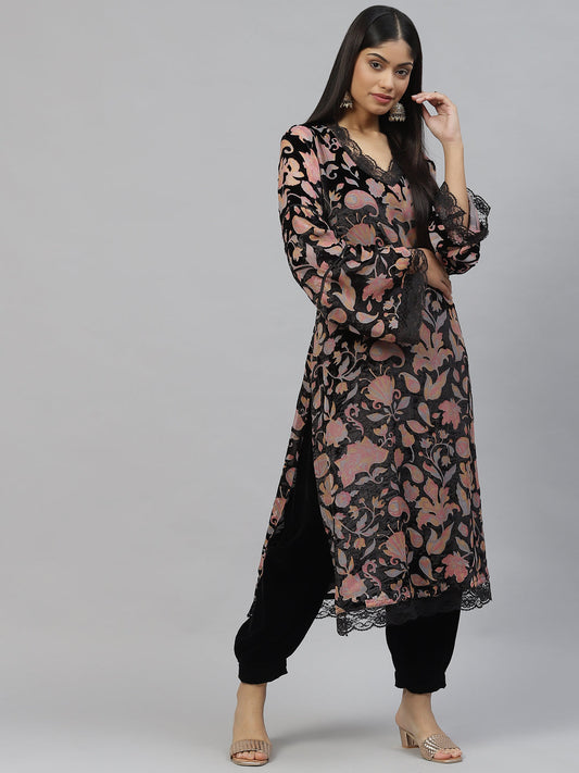 Women Black Burn Out Velvat Kurta Haram Pant With Organza Dupatta | LASVINI - Redefining Indian Fashion with Elegance
