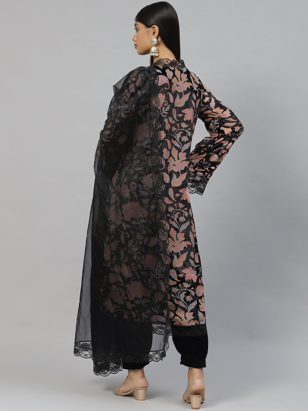 Women Black Burn Out Velvat Kurta Haram Pant With Organza Dupatta | LASVINI - Redefining Indian Fashion with Elegance
