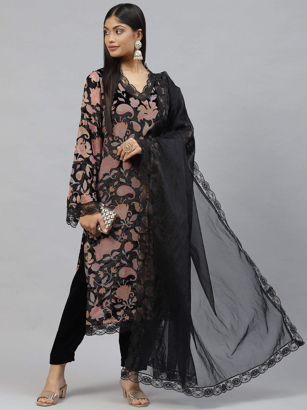 Women Black Burn Out Velvat Kurta Haram Pant With Organza Dupatta | LASVINI - Redefining Indian Fashion with Elegance